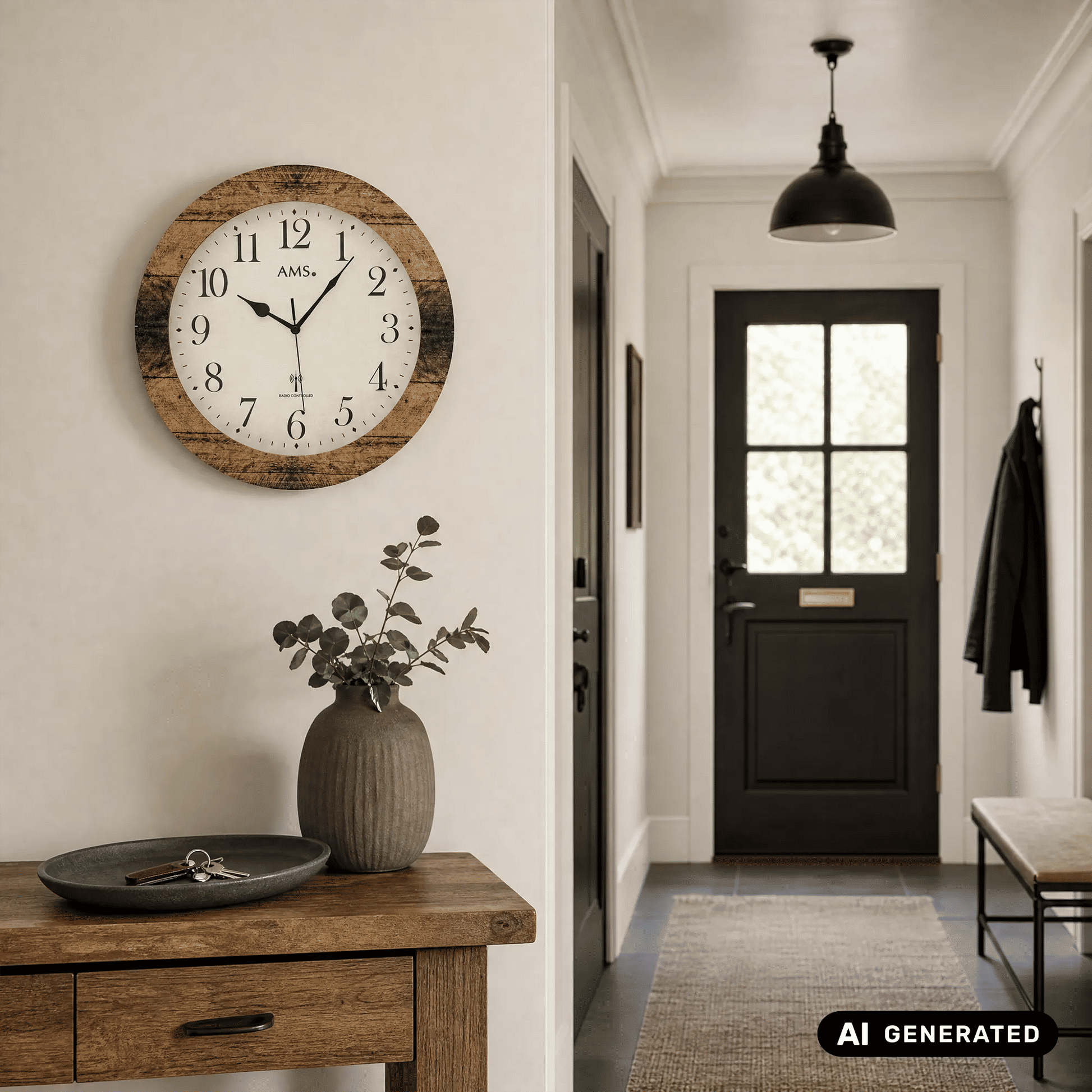 Wanduhr mit rundem Nussbaum-Holzrahmen und weißem Zifferblatt, schwarze Uhrzeiger