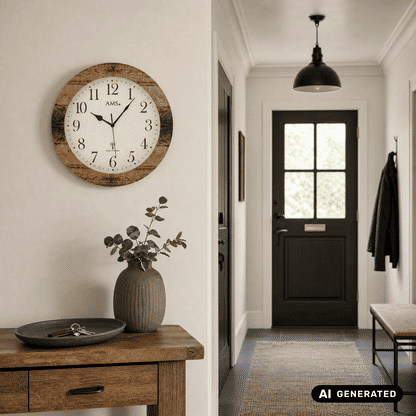 Wanduhr mit rundem Nussbaum-Holzrahmen und weißem Zifferblatt, schwarze Uhrzeiger