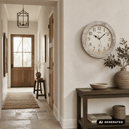 Runde Wanduhr mit beigem Zifferblatt, schwarzen Zeigern und grauem, strukturiertem Rahmen