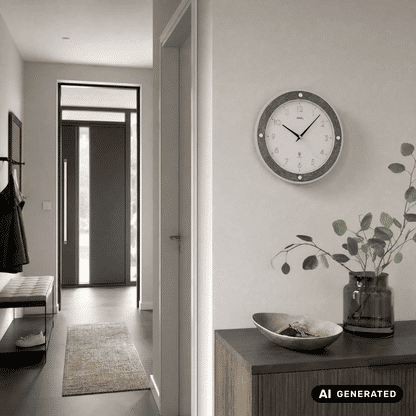 Funk-Wanduhr an der Wand, grauer Kreisrahmen, weißes Zifferblatt mit schwarzen Zeigern