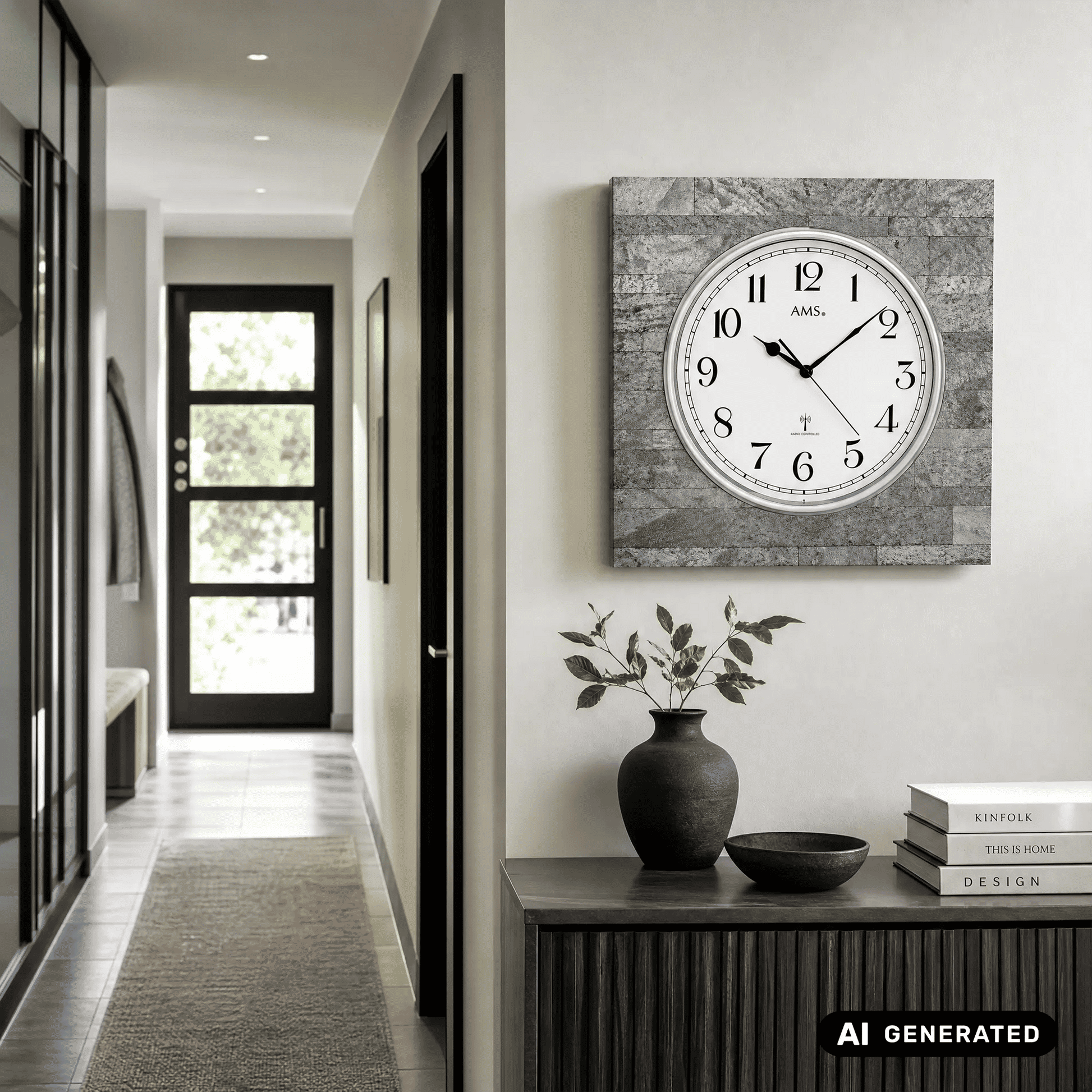 AMS Funk-Wanduhr an der Wand, weißes Ziffernblatt mit schwarzen Zeigern im Anthrazitrahmen