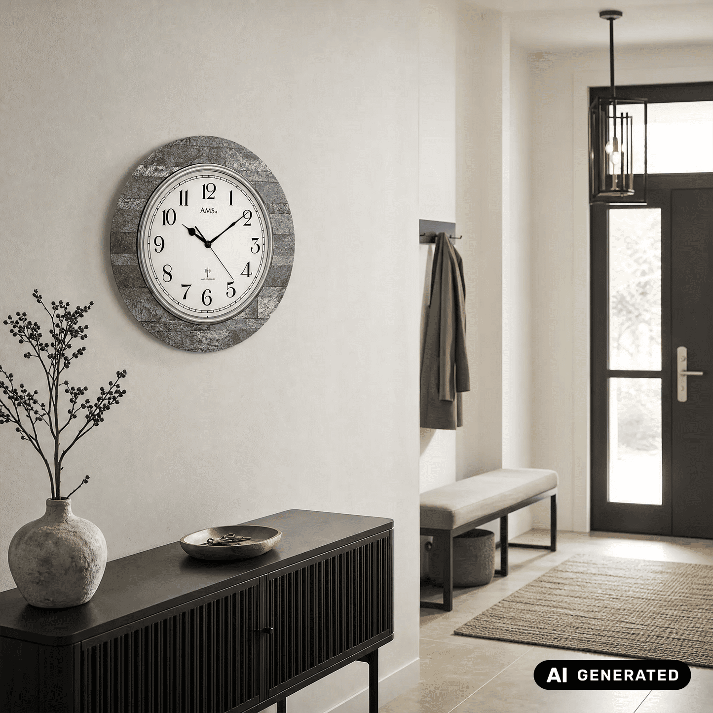 Wanduhr an der Wand, grau meliertes Gehäuse, silberner Ring, arabische Ziffern und Zeiger.
