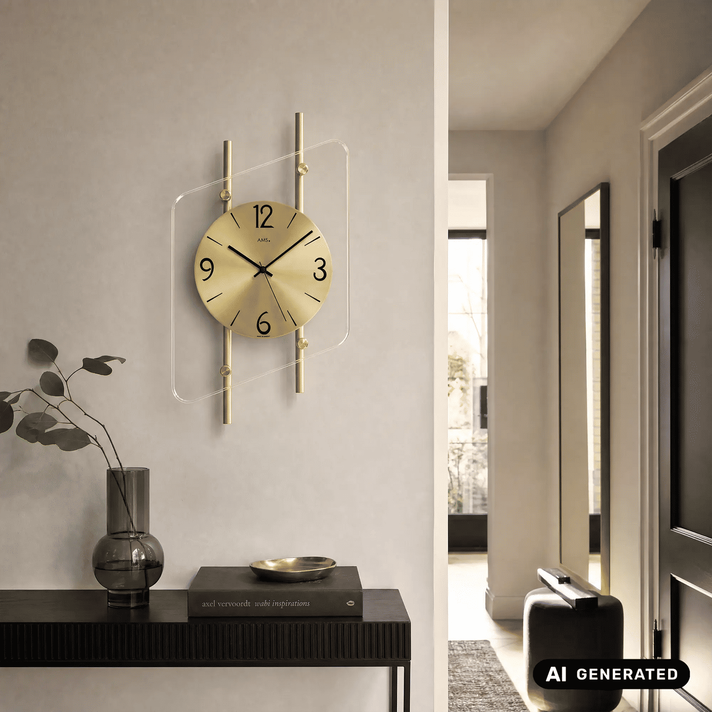 AMS Wanduhr mit goldenen Stäben und transparentem Mineralglasrahmen, Ziffern 12 bis 6