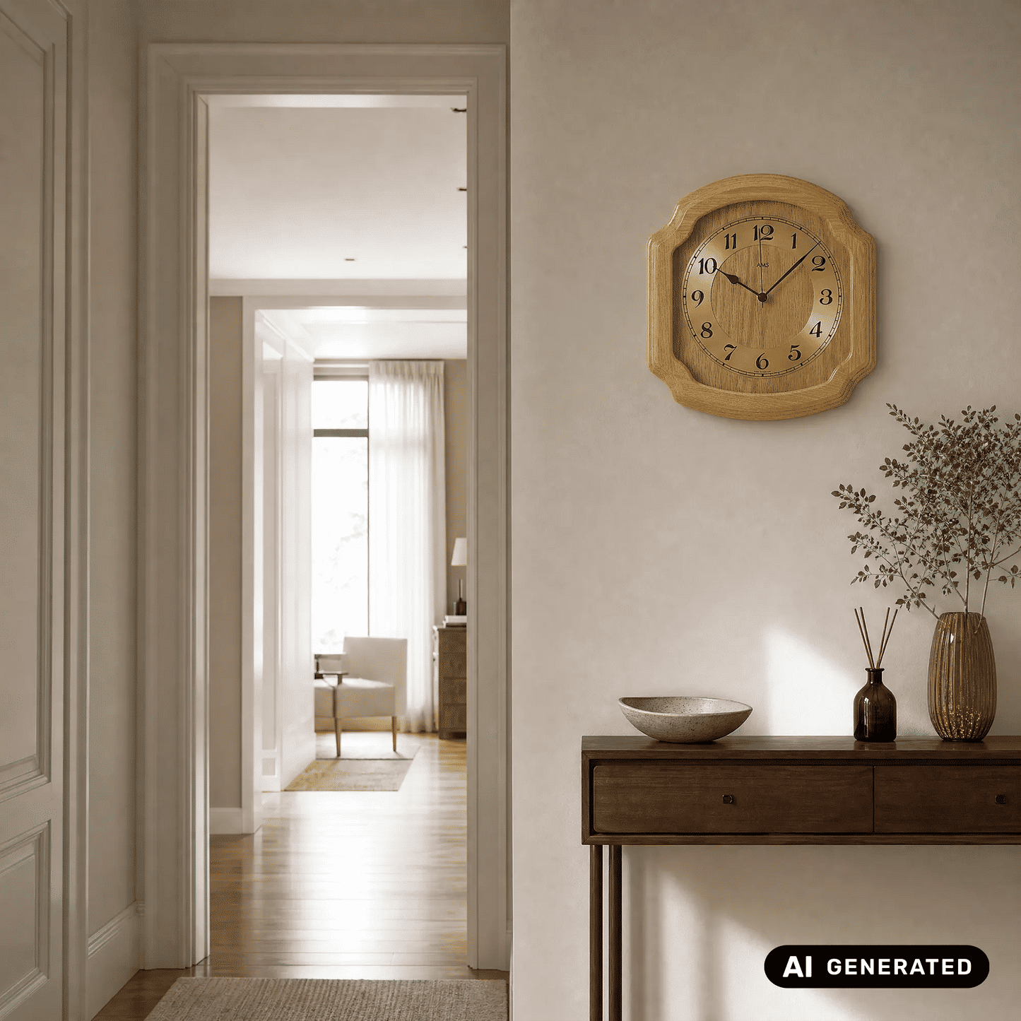 Wanduhr aus hellem Eichenholz mit Glasfront und rundem Zifferblatt an der Wand