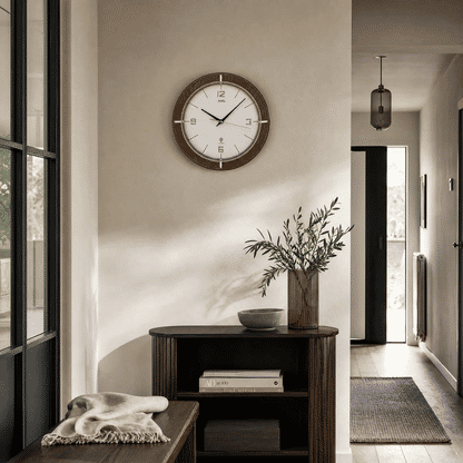 Funk-Wanduhr im Holzrahmen mit weißem Zifferblatt und goldenen Stundenmarkierungen