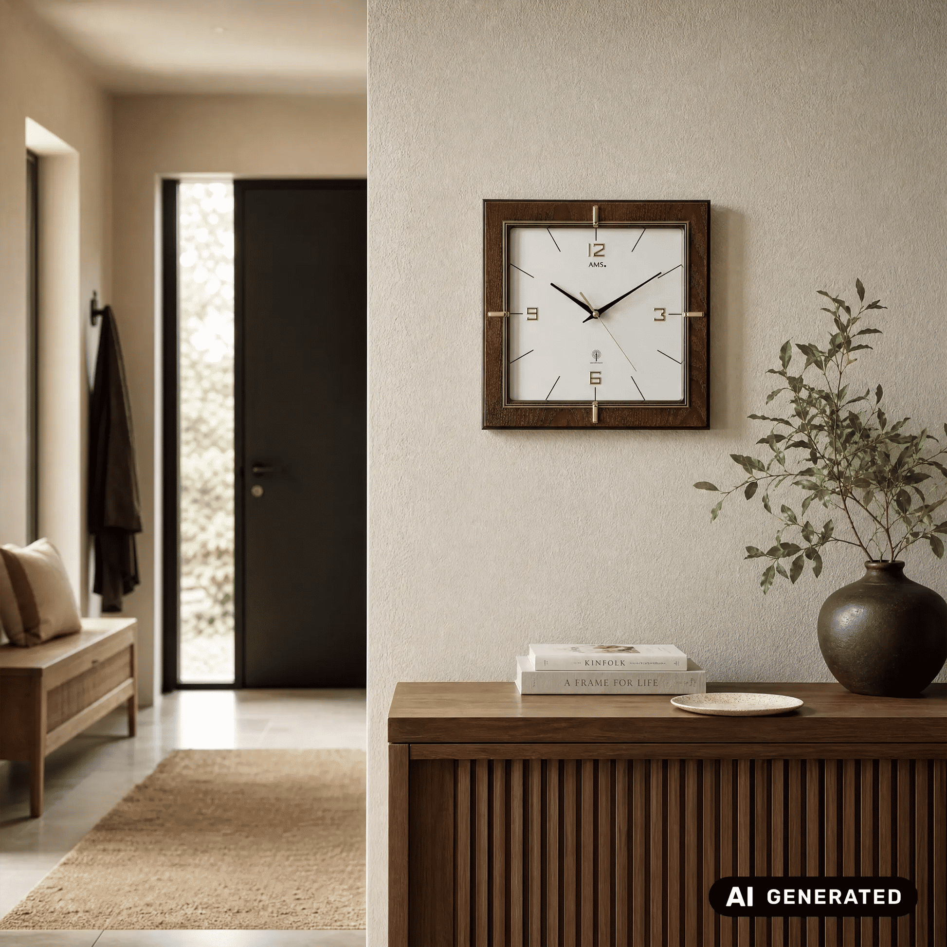 Wanduhr mit quadratischem Nussbaumrahmen, weißem Zifferblatt und goldenen Indexen