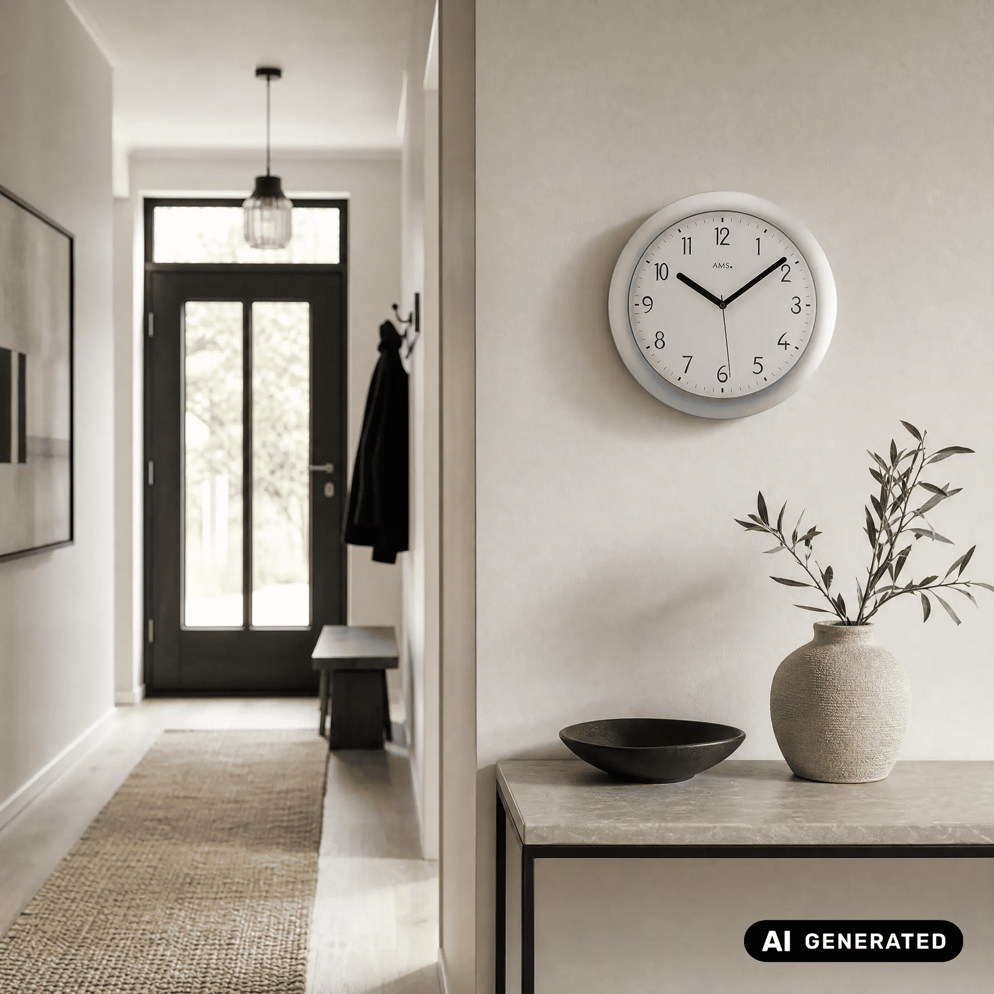 Funk-Wanduhr an der Wand, runder silberner Rahmen, weißes Zifferblatt mit schwarzen Zeigern.