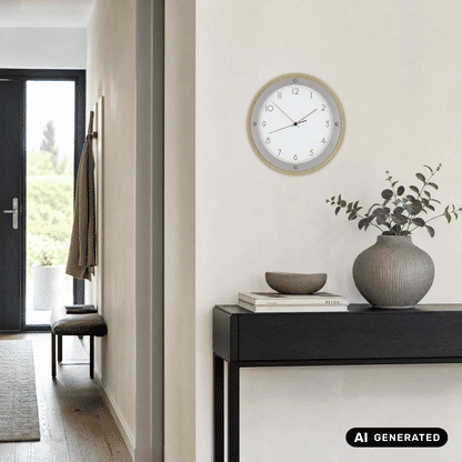 Runde Wanduhr an der Wand mit Holzrahmen, grauem Rand und weißem Ziffernblatt