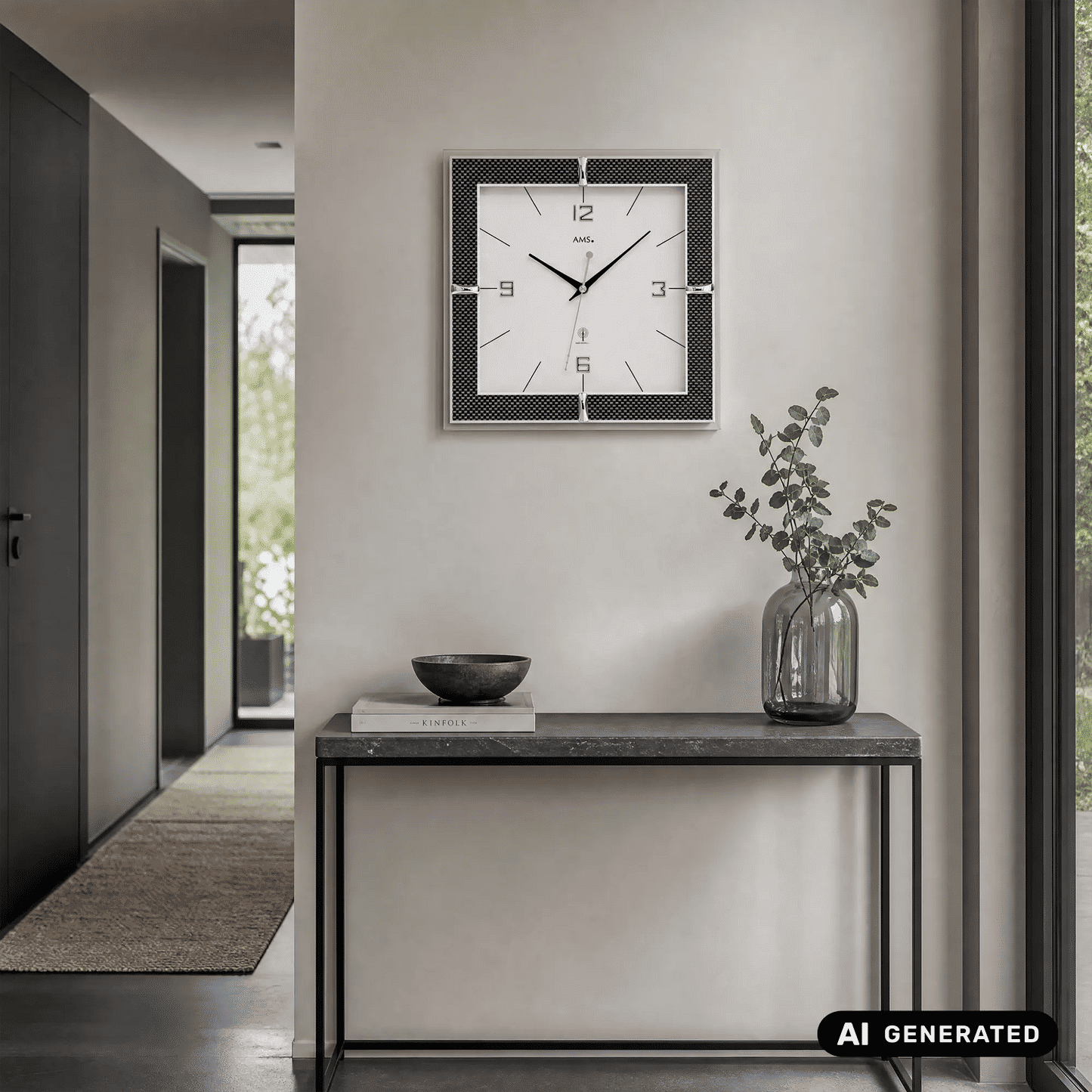 Funk-Wanduhr mit schwarzem Carbonrahmen und weißem Zifferblatt an der Wand