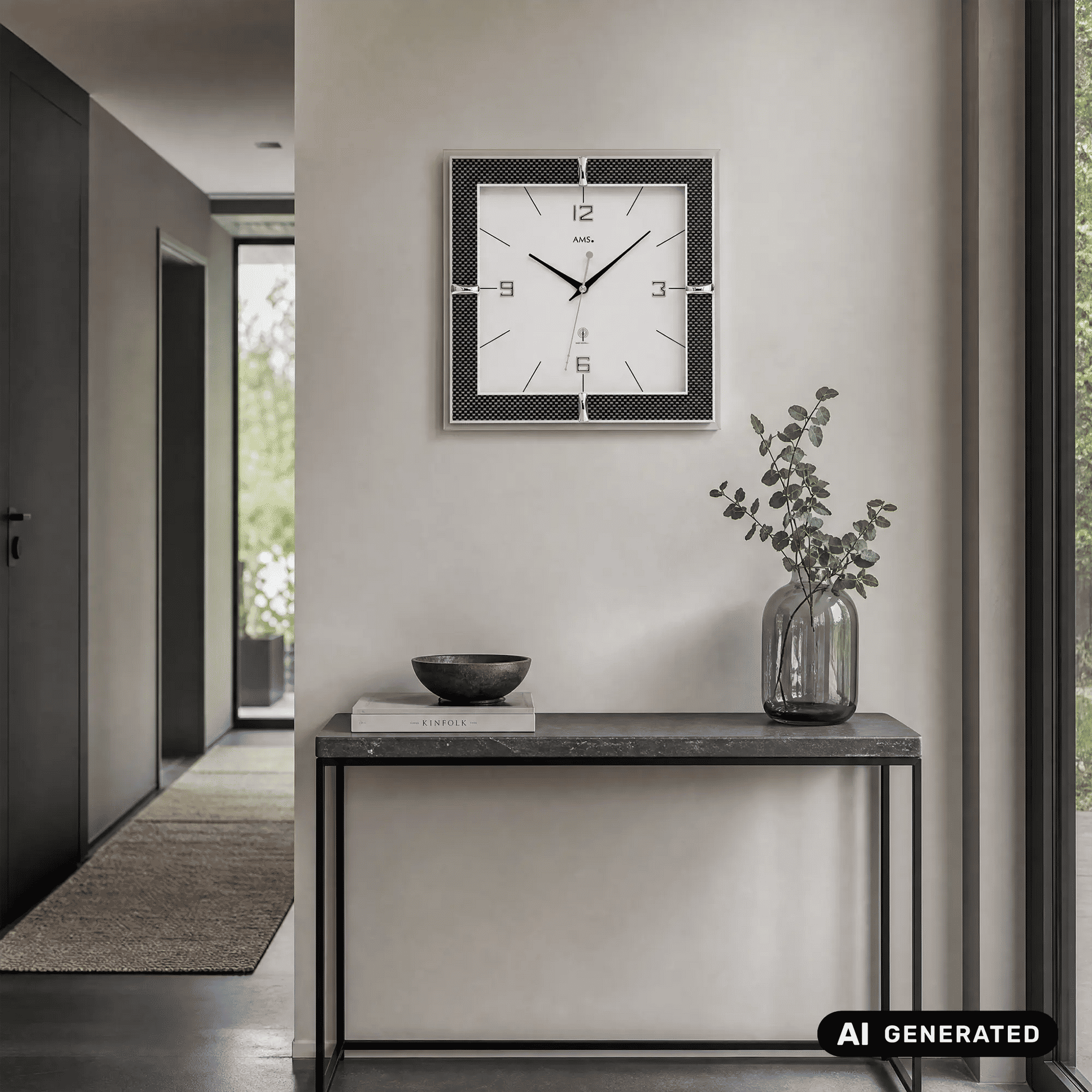 Funk-Wanduhr mit schwarzem Carbonrahmen und weißem Zifferblatt an der Wand