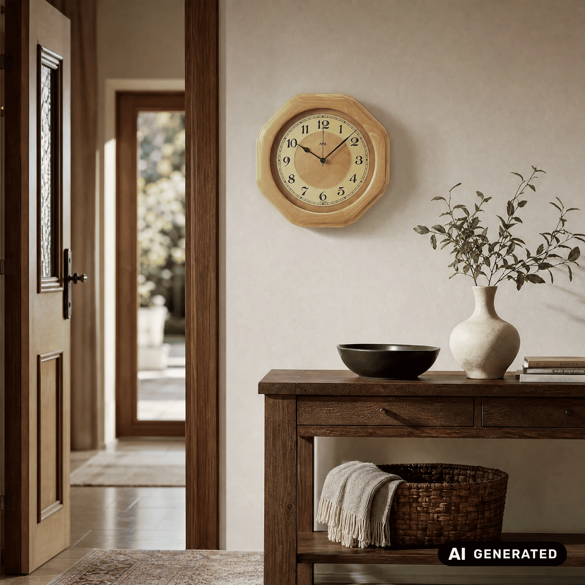 Achteckige Funk-Wanduhr mit hellem Holzrahmen und beige-gelbem Zifferblatt mit arabischen Zahlen
