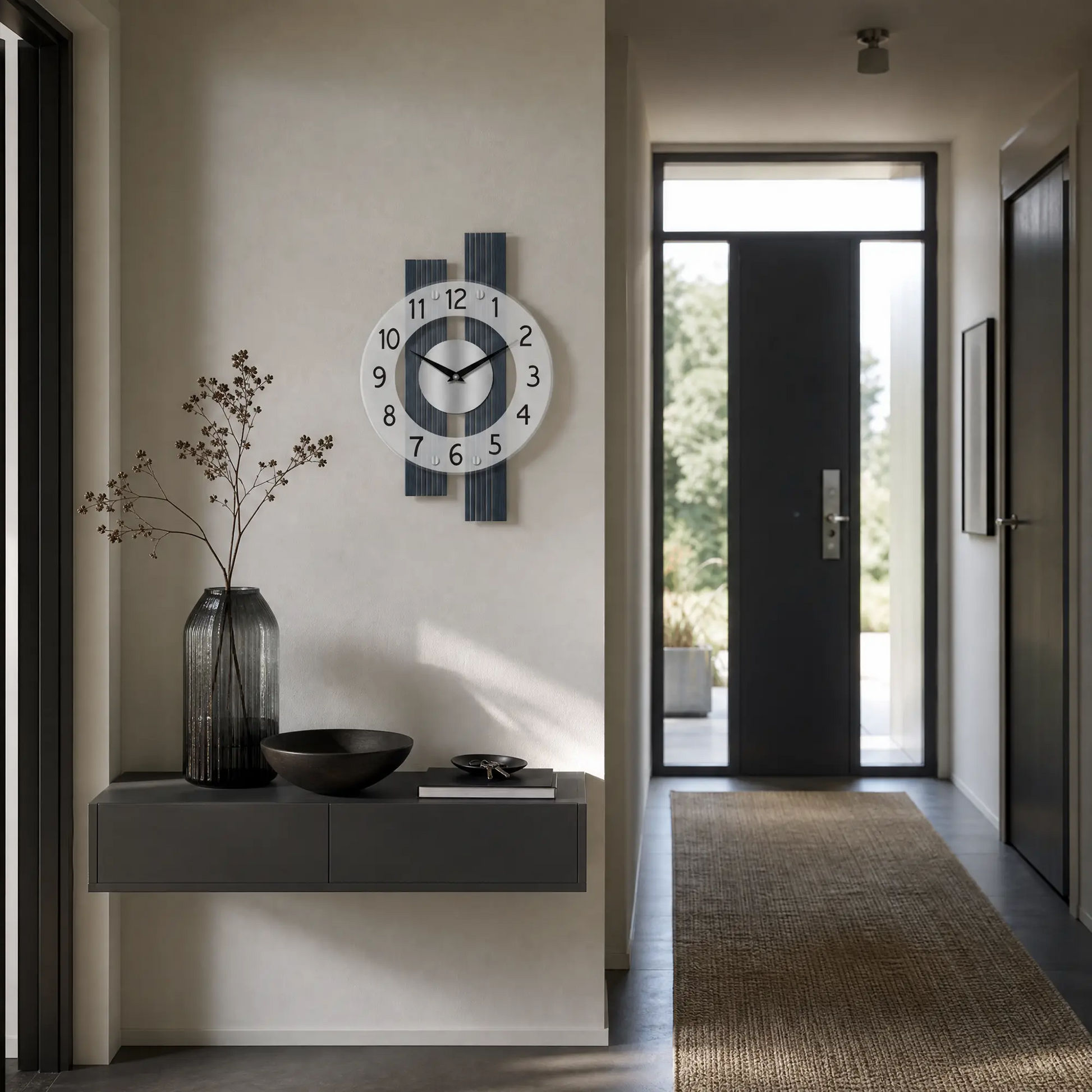 Wanduhr an der Wand mit anthrazitfarbenem, gestreiftem Ziffernblatt und Zeigern