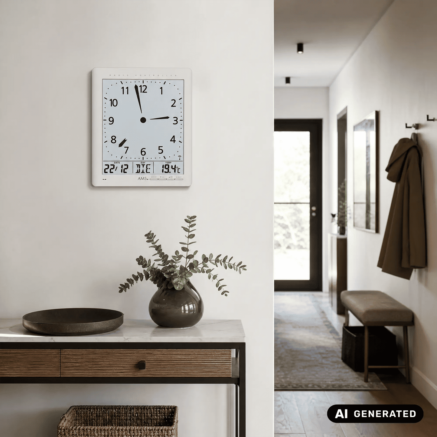 Silberne Funk-Wanduhr an der Wand mit analoger Zeitanzeige und digitaler Temperaturanzeige
