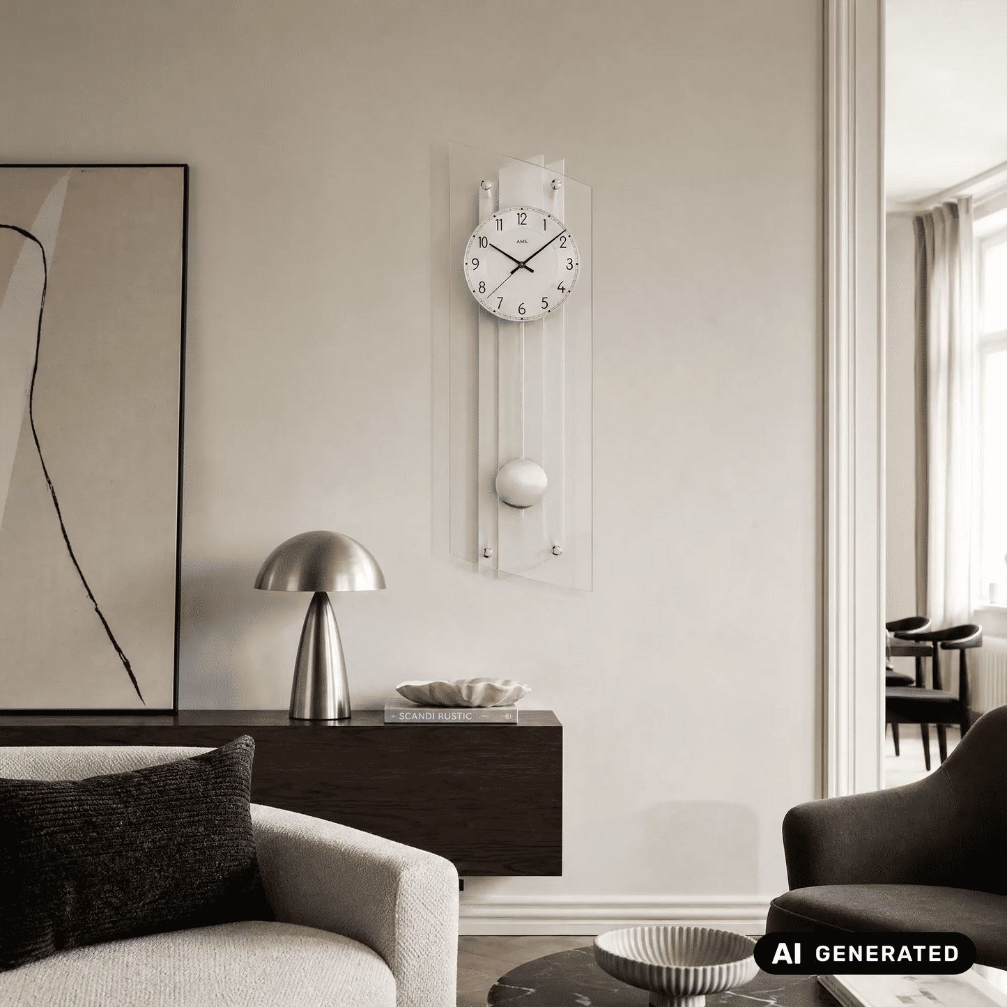 Wanduhr an der Wand mit analogem Zifferblatt und Kugel-Pendelgewicht im Glasrahmen
