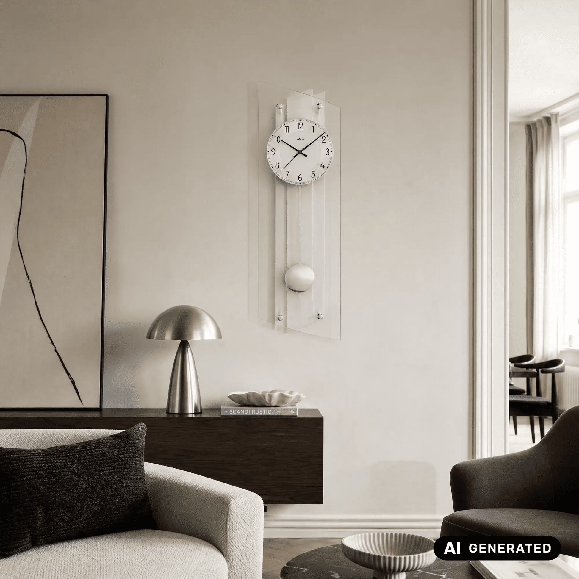 Wanduhr an der Wand mit analogem Zifferblatt und Kugel-Pendelgewicht im Glasrahmen