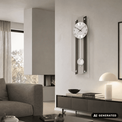 Wanduhr-Design mit Mineralglasfront, rundem Zifferblatt und herabhängendem Pendelgewicht