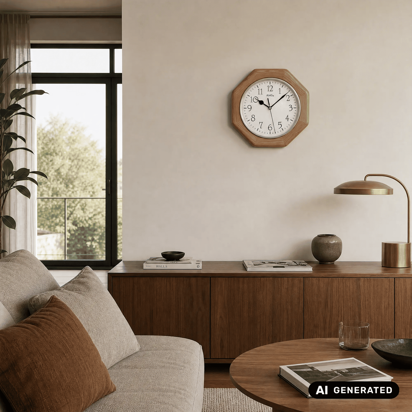 Wanduhr an der Wand, Eichenholzrahmen mit weißem Zifferblatt und schwarzen Zeigern