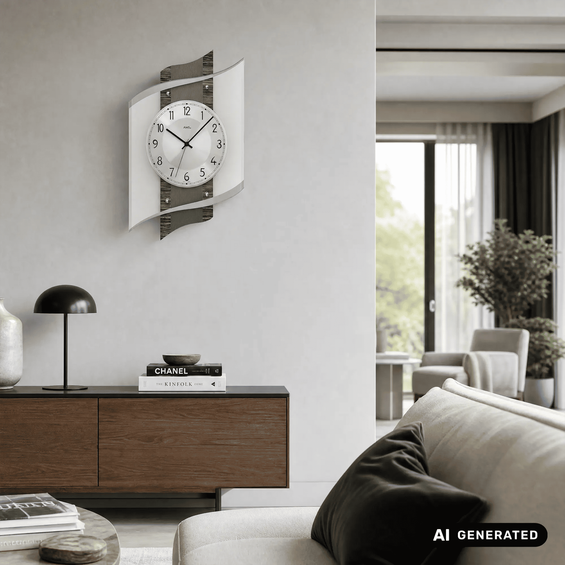 Wanduhr mit rundem Ziffernblatt, schwarzen Zeigern, Mineralglas und geschwungenem Gehäuse