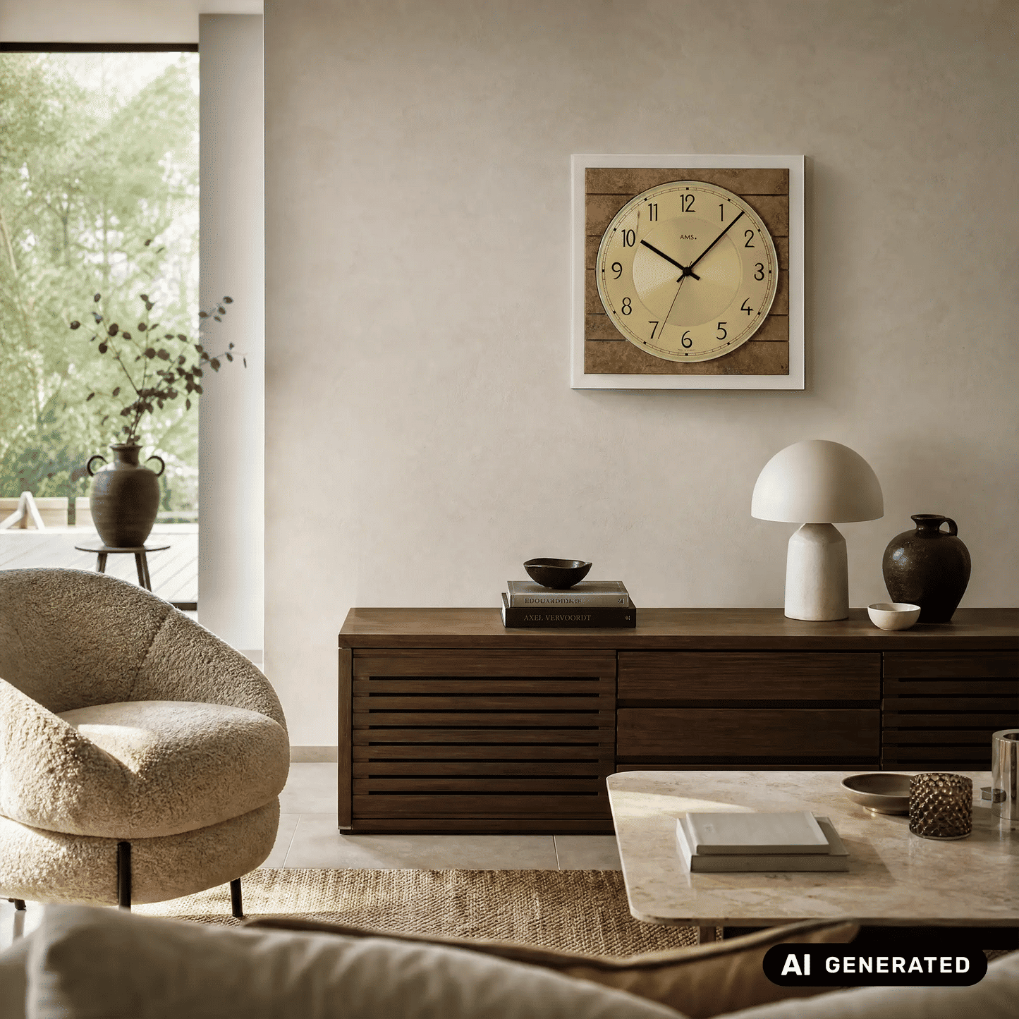 Wanduhr an der Wand über Kommode, rundes Zifferblatt mit großen Zahlen, Holzrahmen