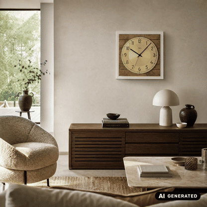 Wanduhr an der Wand über Kommode, rundes Zifferblatt mit großen Zahlen, Holzrahmen