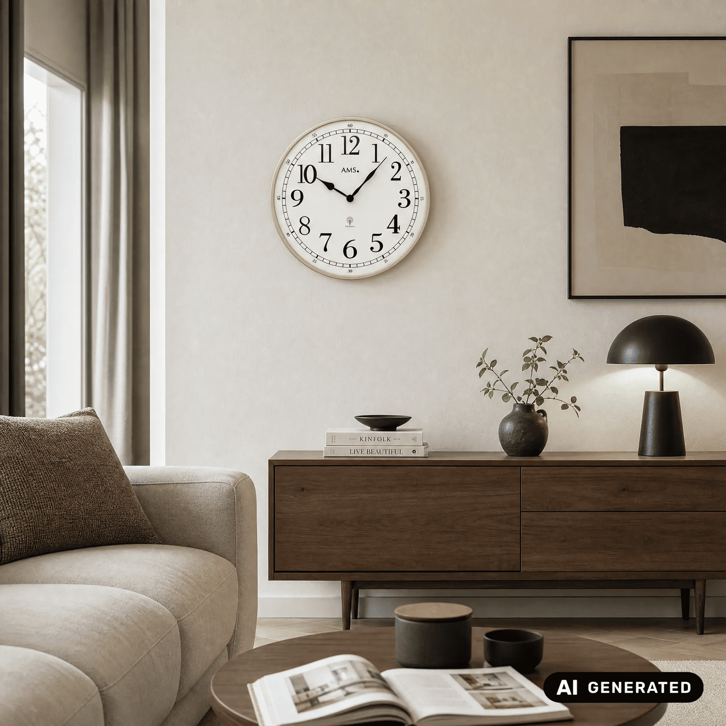 Wanduhr an der Wand mit rundem Messingrahmen, weißem Ziffernblatt und schwarzen Zeigern