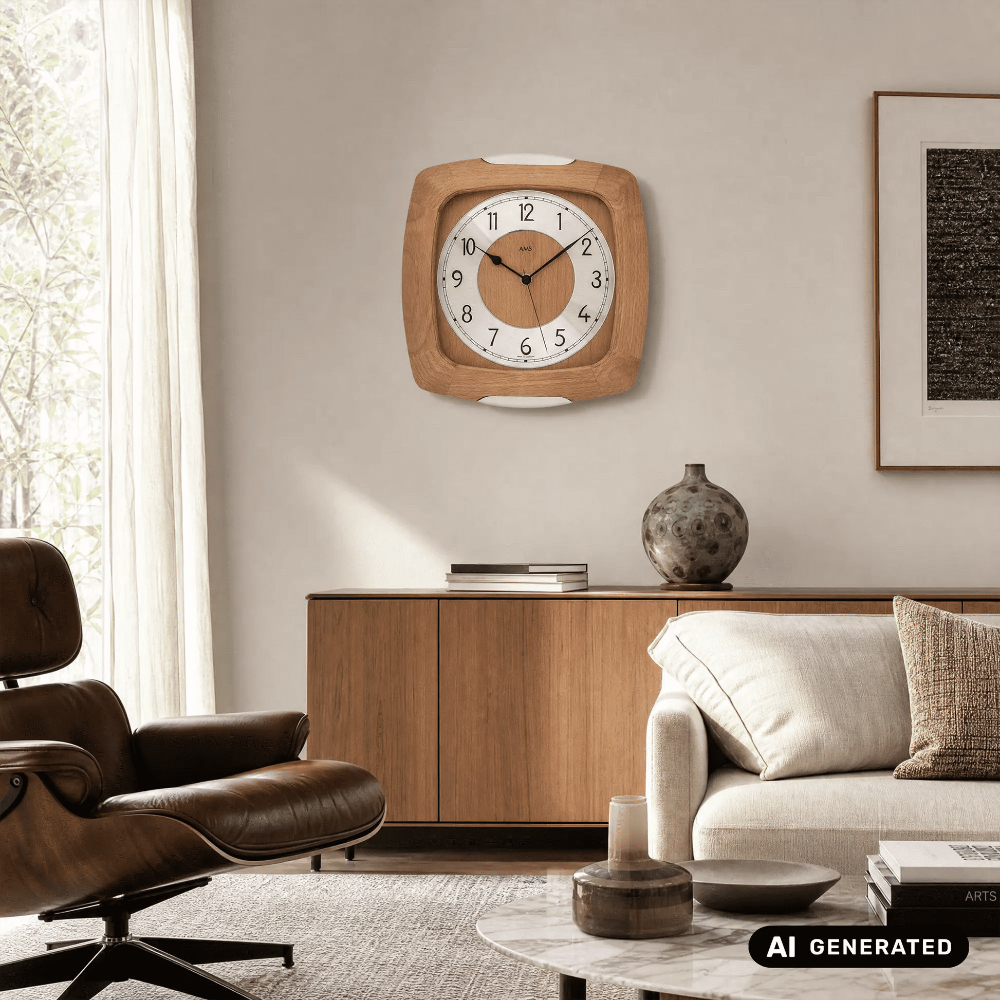 Wanduhr aus hellem Holz mit weißem Zifferblatt, römischen Zahlen und geschütztem Glas