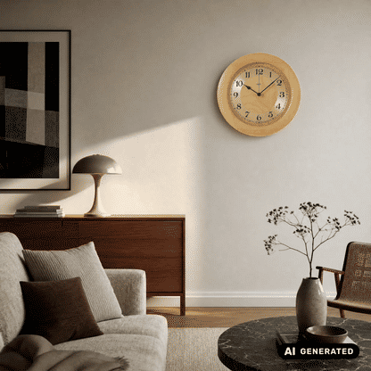 Wanduhr mit Holzoptik-Gehäuse, analoge Ziffern und schwarzes Zeigerwerk an glatter Wand