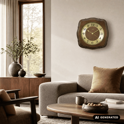 Wanduhr aus Nussbaumholz mit gelbem Zifferblatt und goldenen Zeigern an heller Wand