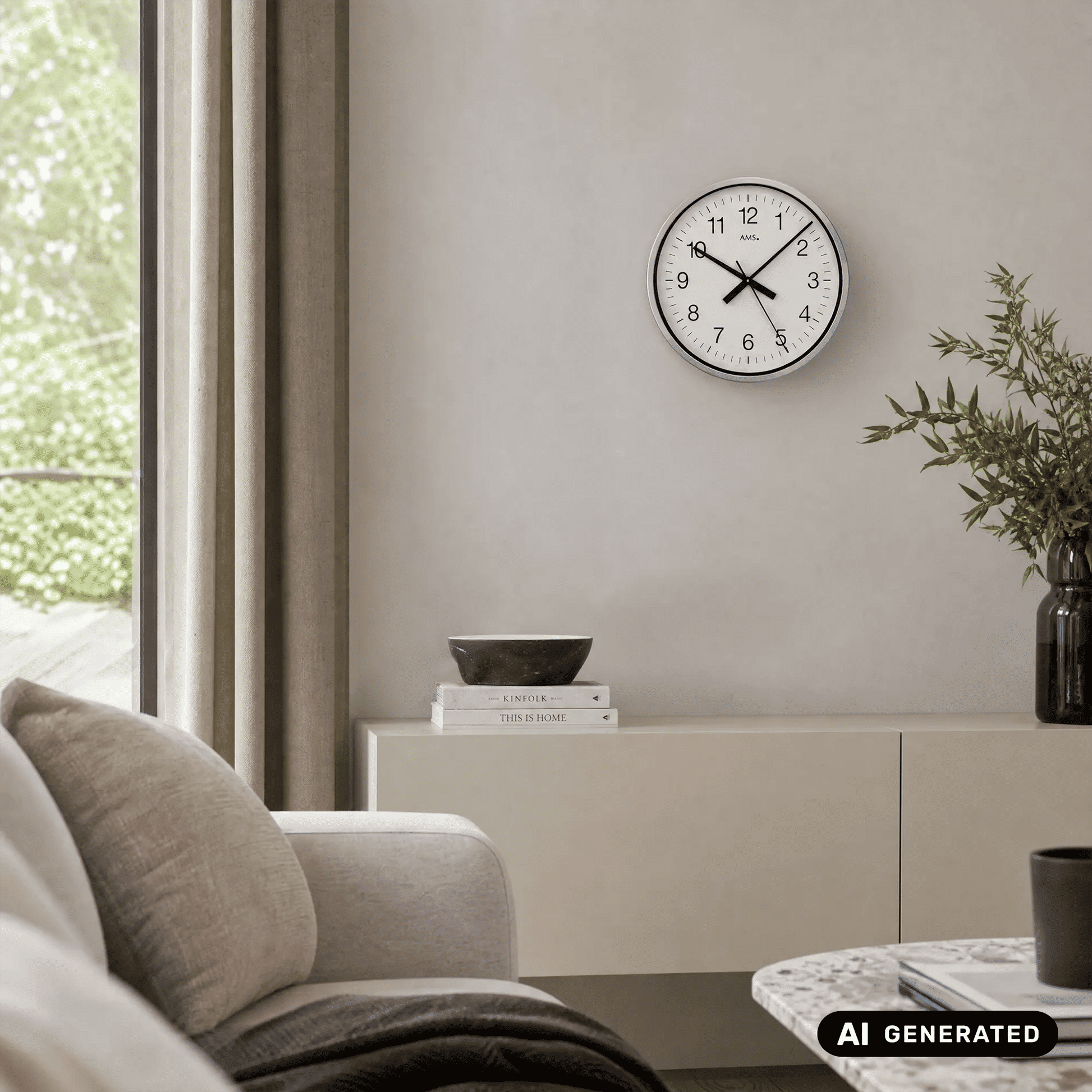Runde Wanduhr mit weißem Zifferblatt, schwarzen Zeigern und Aluminiumrand