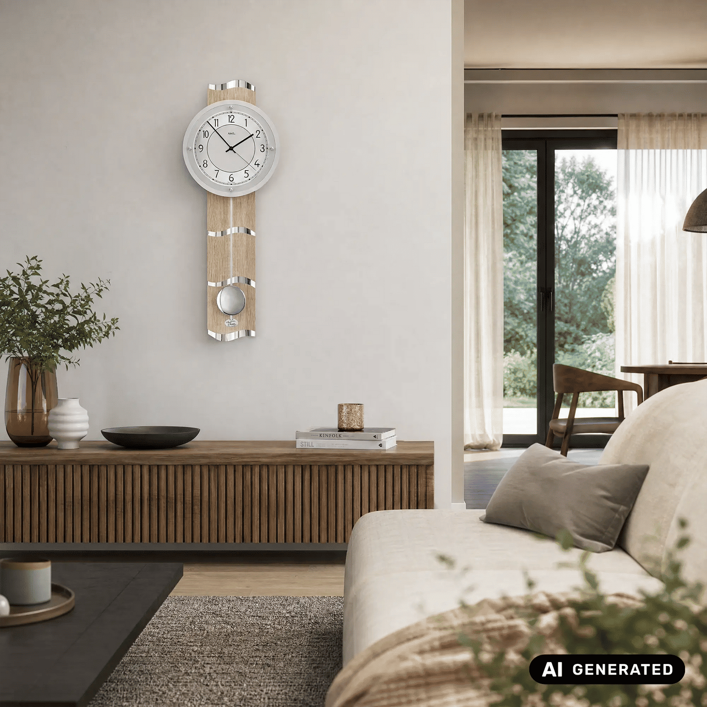 Wanduhr im Holzgehäuse mit silbernen Streifen, rundes Uhrwerk und kleines Pendel