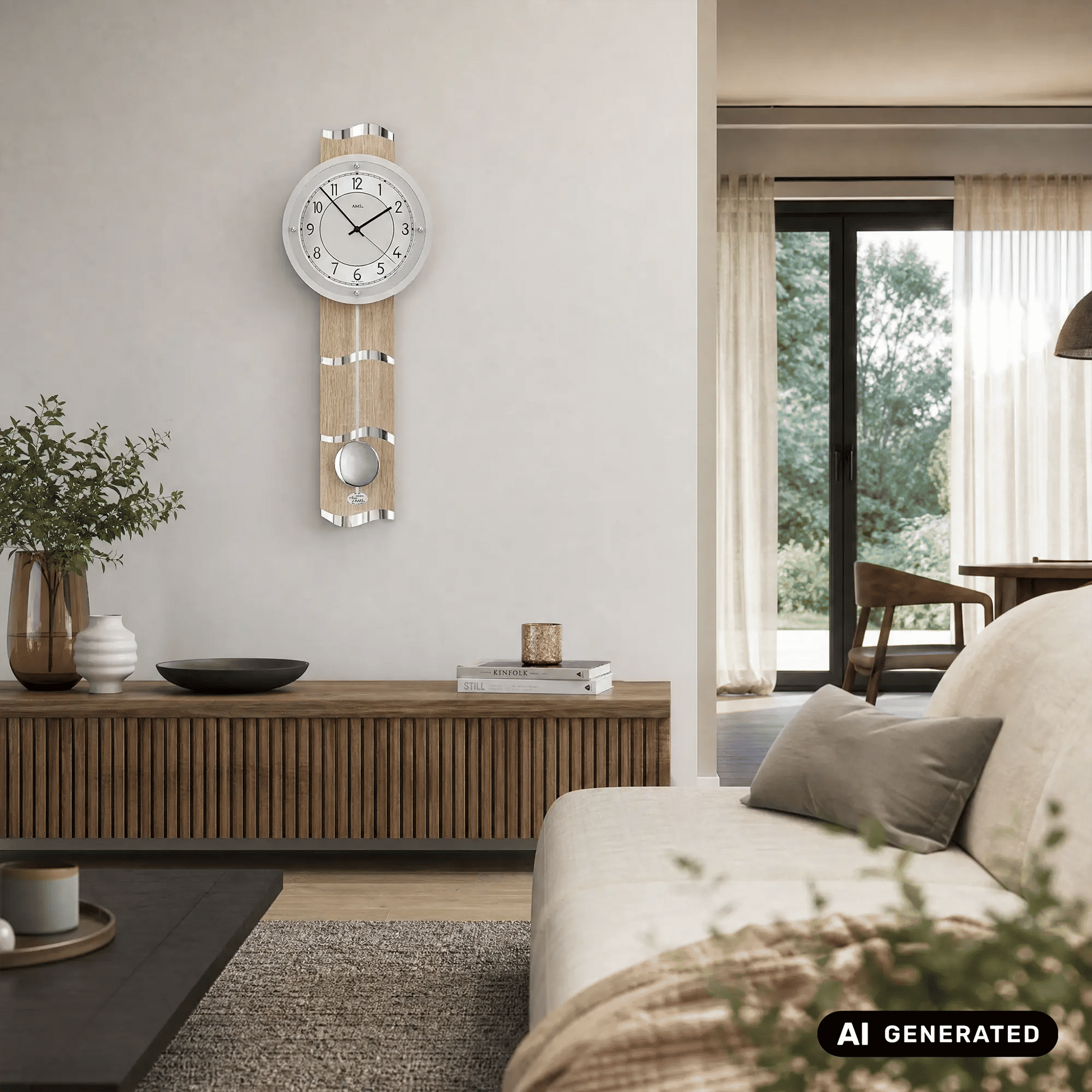 Wanduhr im Holzgehäuse mit silbernen Streifen, rundes Uhrwerk und kleines Pendel