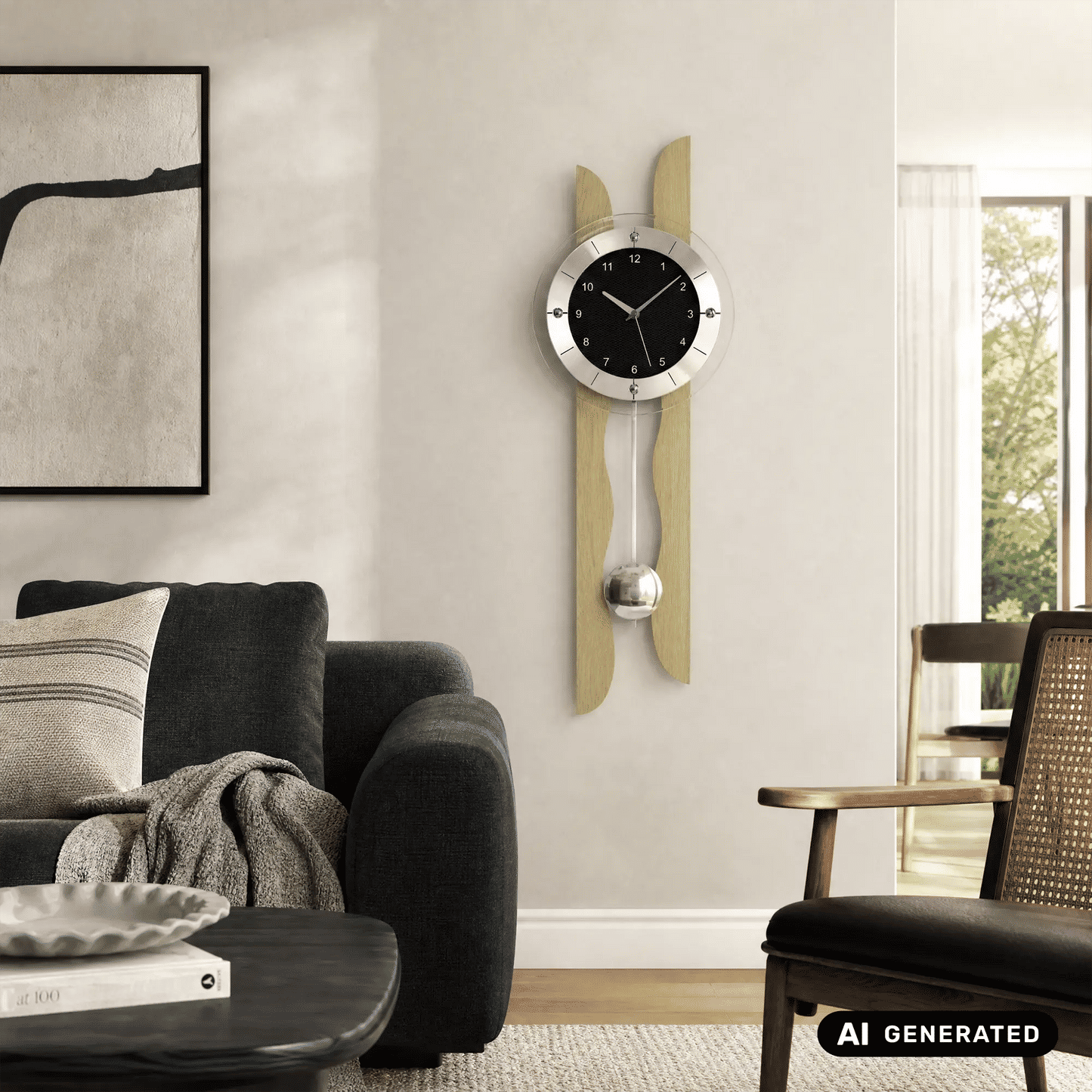 Wanduhr mit schwarzem Zifferblatt und Glas-Pendel, Ahornholz auf heller Wand