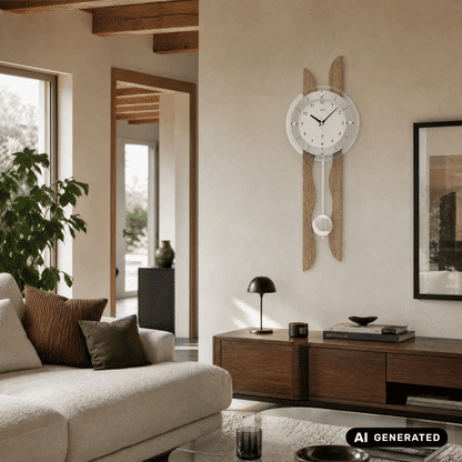 Wanduhr an der Wand mit weißem Zifferblatt, Holzrahmen und zwei Pendelkugeln