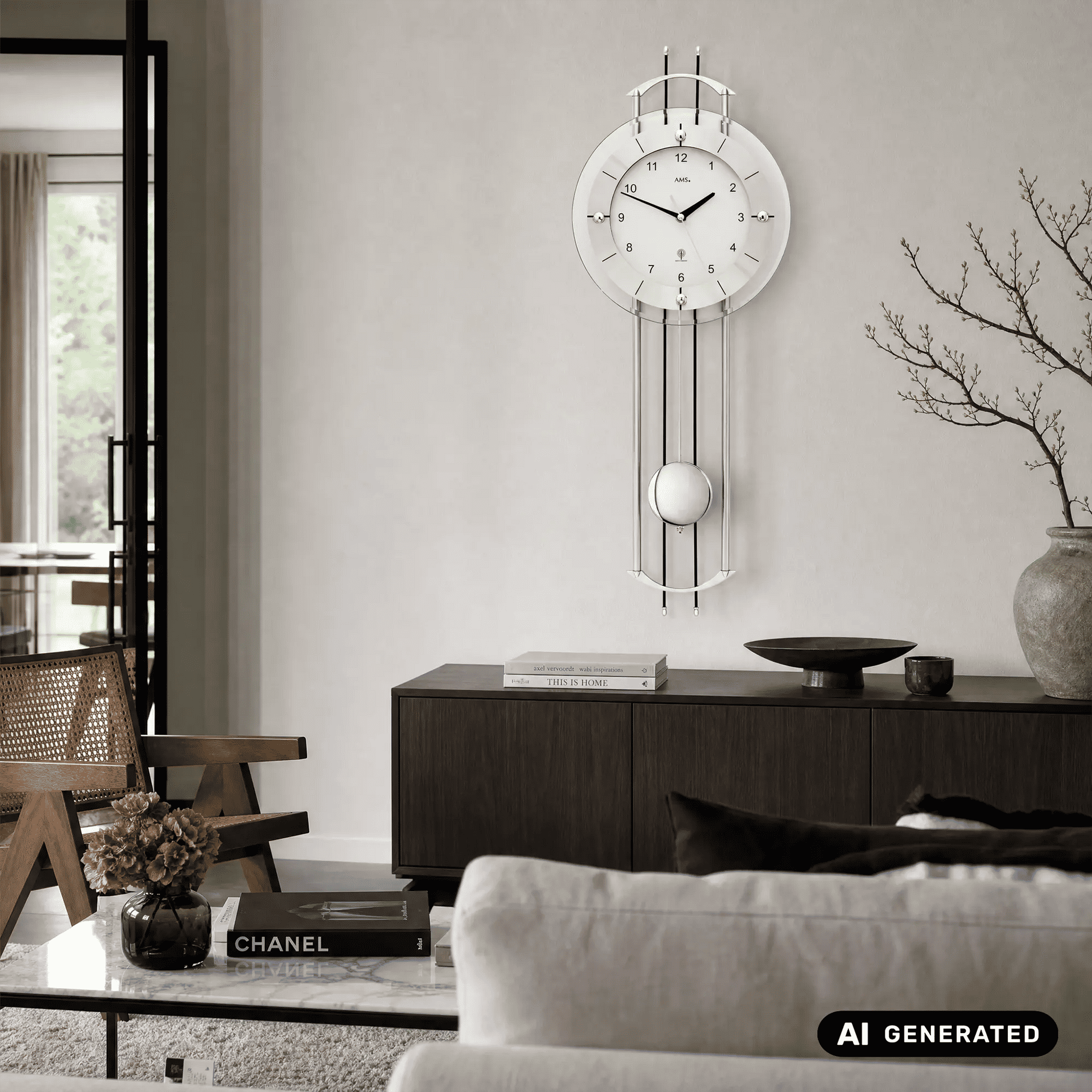Wanduhr mit rundem Ziffernblatt, silbernem Metallring und Pendel