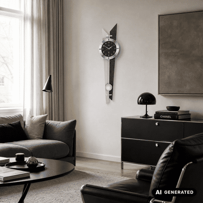 Wanduhr an der Wand mit rundem Zifferblatt, silberner Umrandung und Pendel