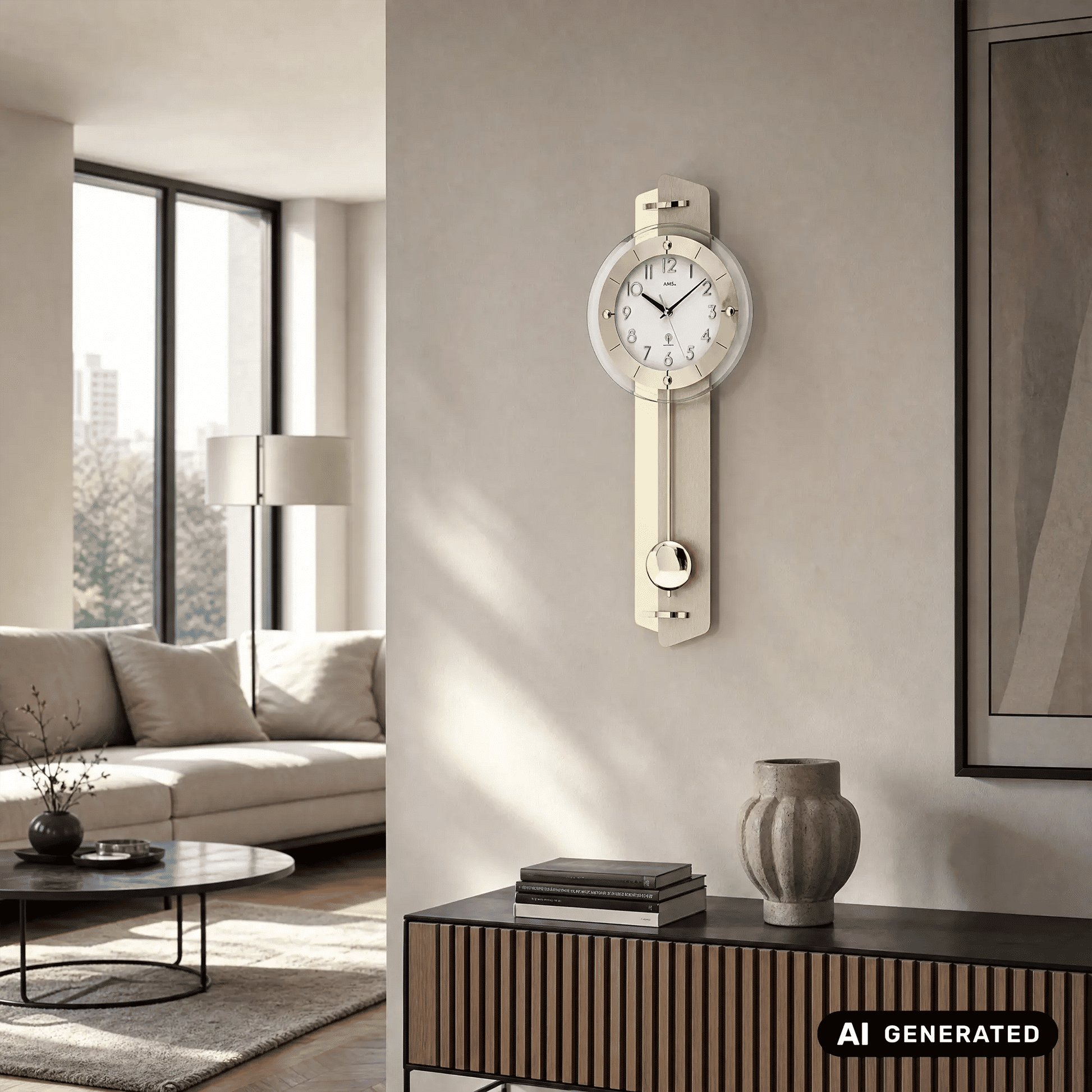 Wanduhr in Goldfarben mit rundem Ziffernblatt, transparenter Front und Pendelgewicht