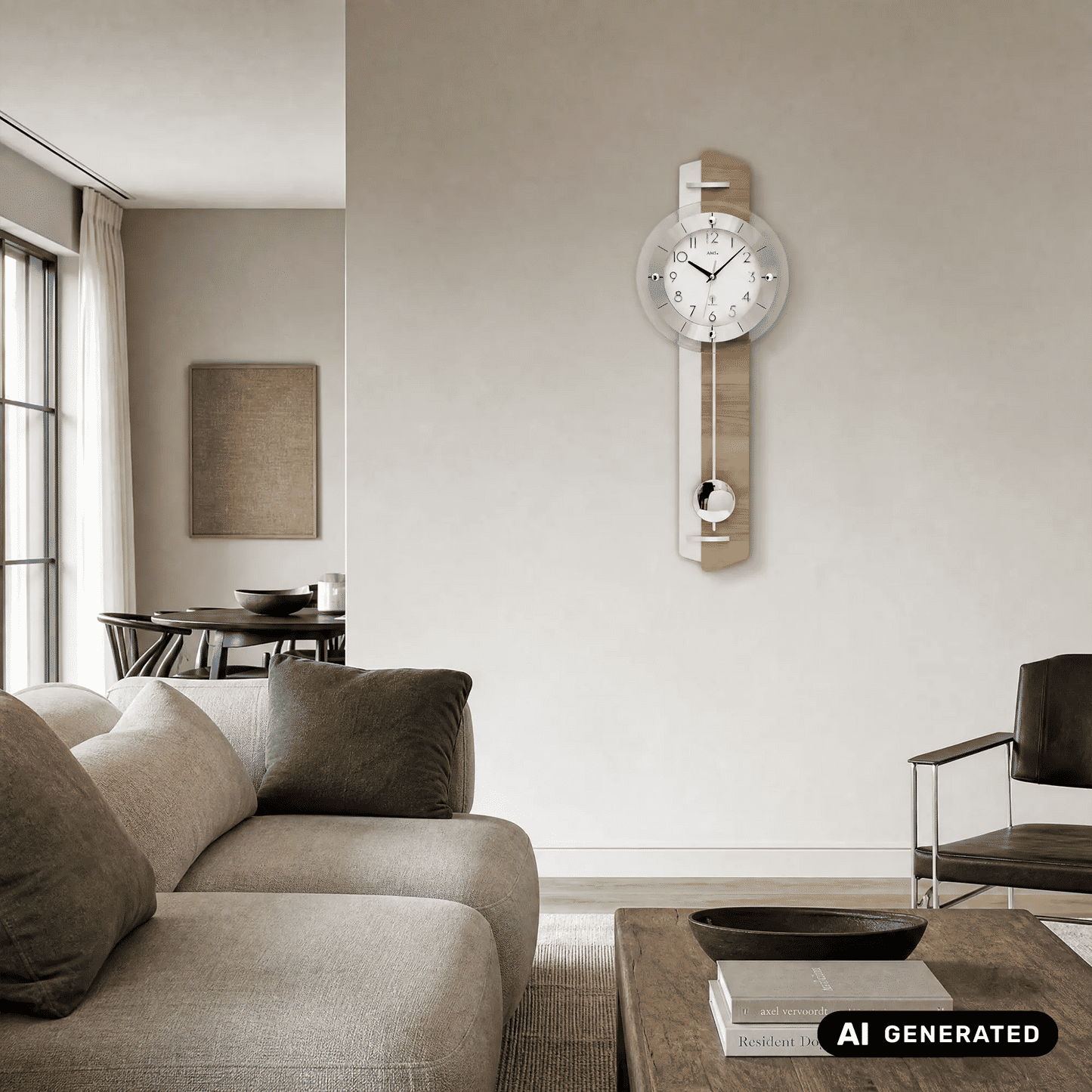 Wanduhr an der Wand mit rundem silbernem Zifferblatt, Holzrahmen aus Kernbuche und Pendel