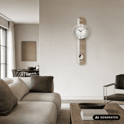 Wanduhr an der Wand mit rundem silbernem Zifferblatt, Holzrahmen aus Kernbuche und Pendel
