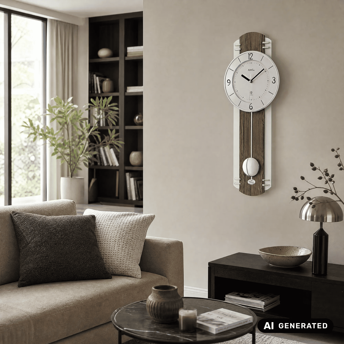 Pendel-Wanduhr an der Wand mit Holzdesign, rundem Ziffernblatt und Pendel
