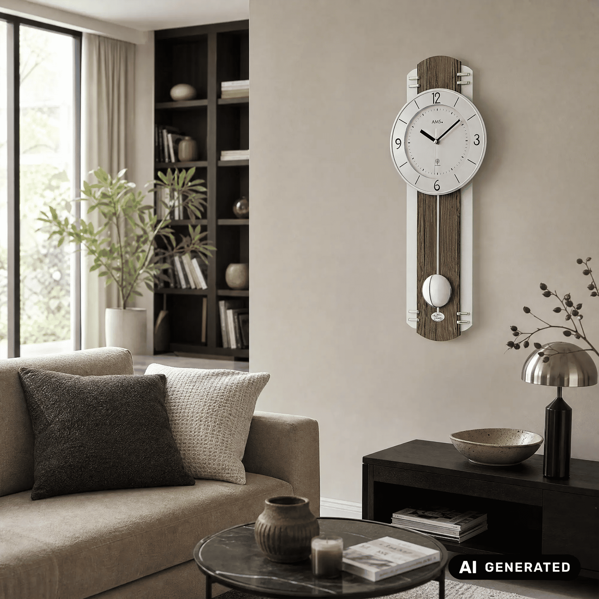 Pendel-Wanduhr an der Wand mit Holzdesign, rundem Ziffernblatt und Pendel
