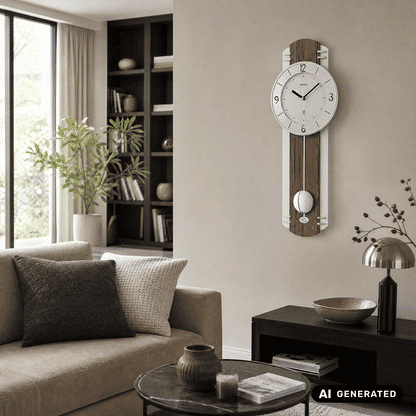 Pendel-Wanduhr an der Wand mit Holzdesign, rundem Ziffernblatt und Pendel