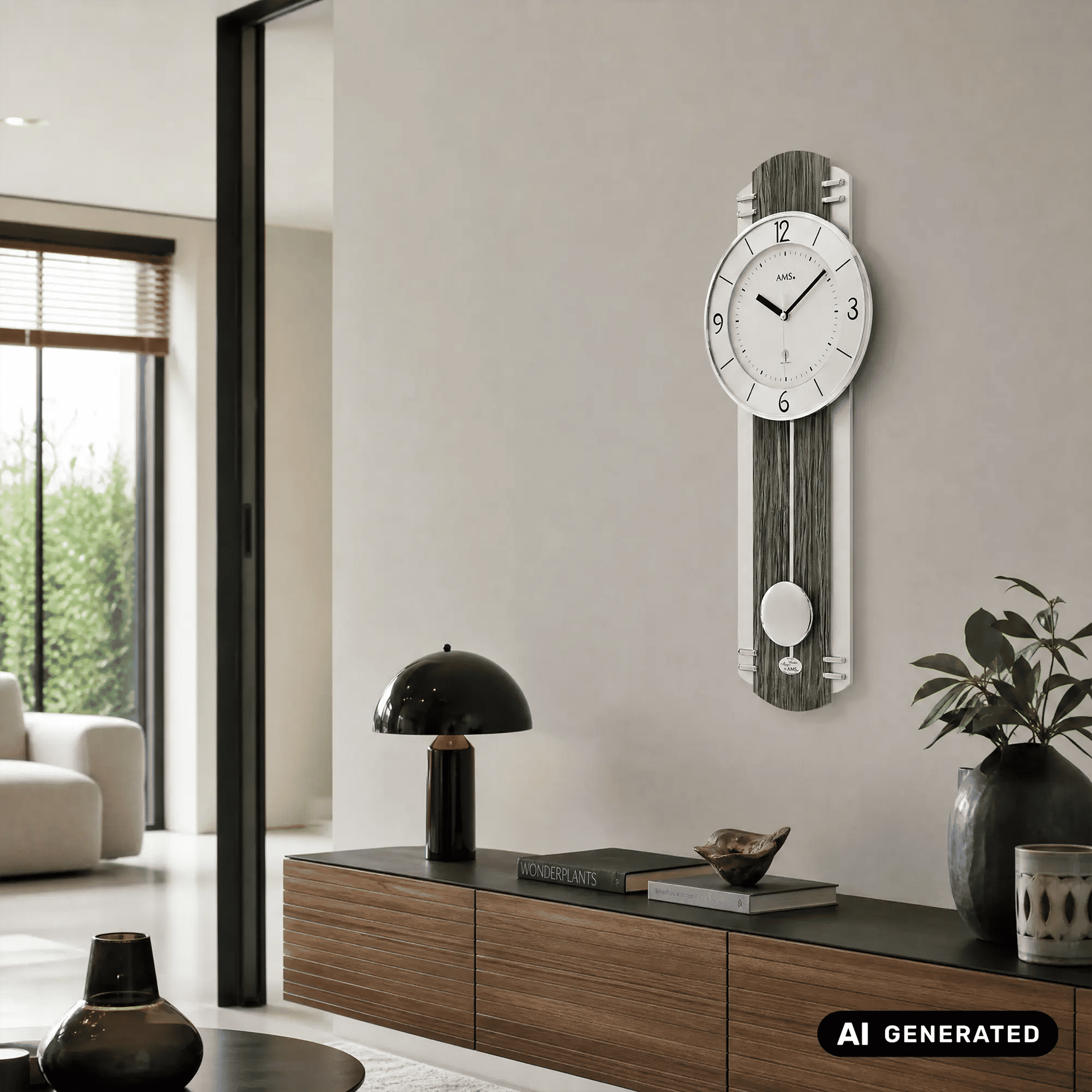 Wanduhr mit großem Zifferblatt und rundem Pendel im grauen Holzrahmen