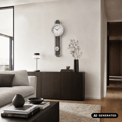 Wanduhr an Wand mit rundem Ziffernblatt, Pendel im Glas und silbernem Rahmen