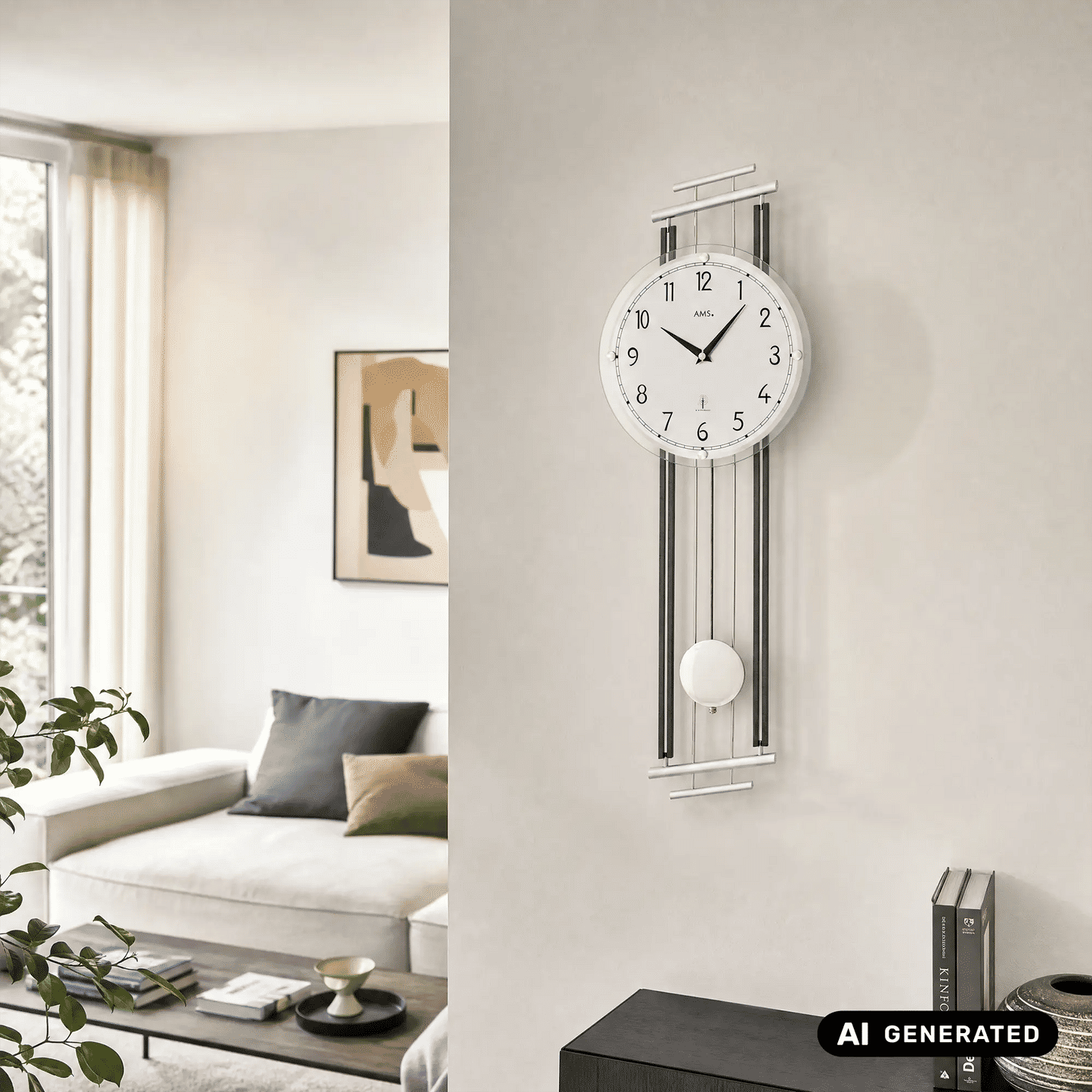 Wanduhr mit analoger Uhranzeige und Pendelkugel im Metallrahmen