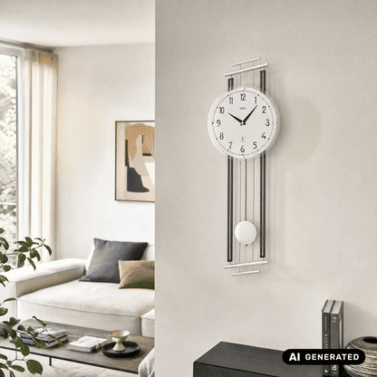 Wanduhr mit analoger Uhranzeige und Pendelkugel im Metallrahmen