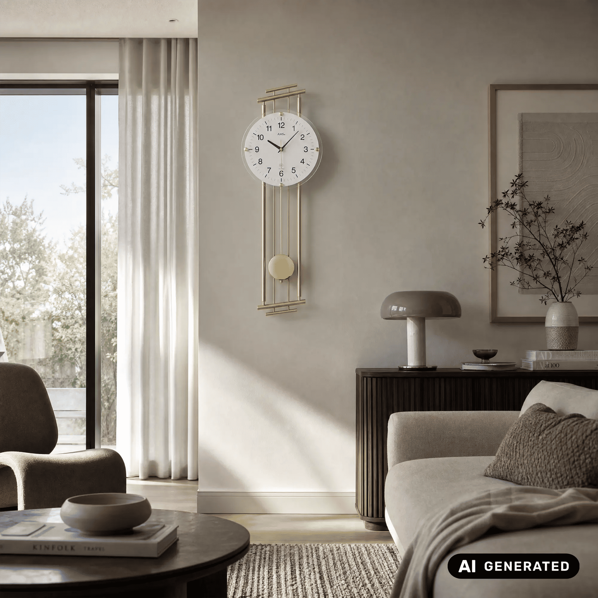 Messing-Wanduhr mit goldenem Rahmen und Kugelpendel