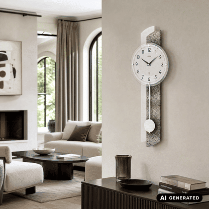 Wanduhr an der Wand mit weißem Ziffernblatt und langem Pendelarm, auf grauem Paneel