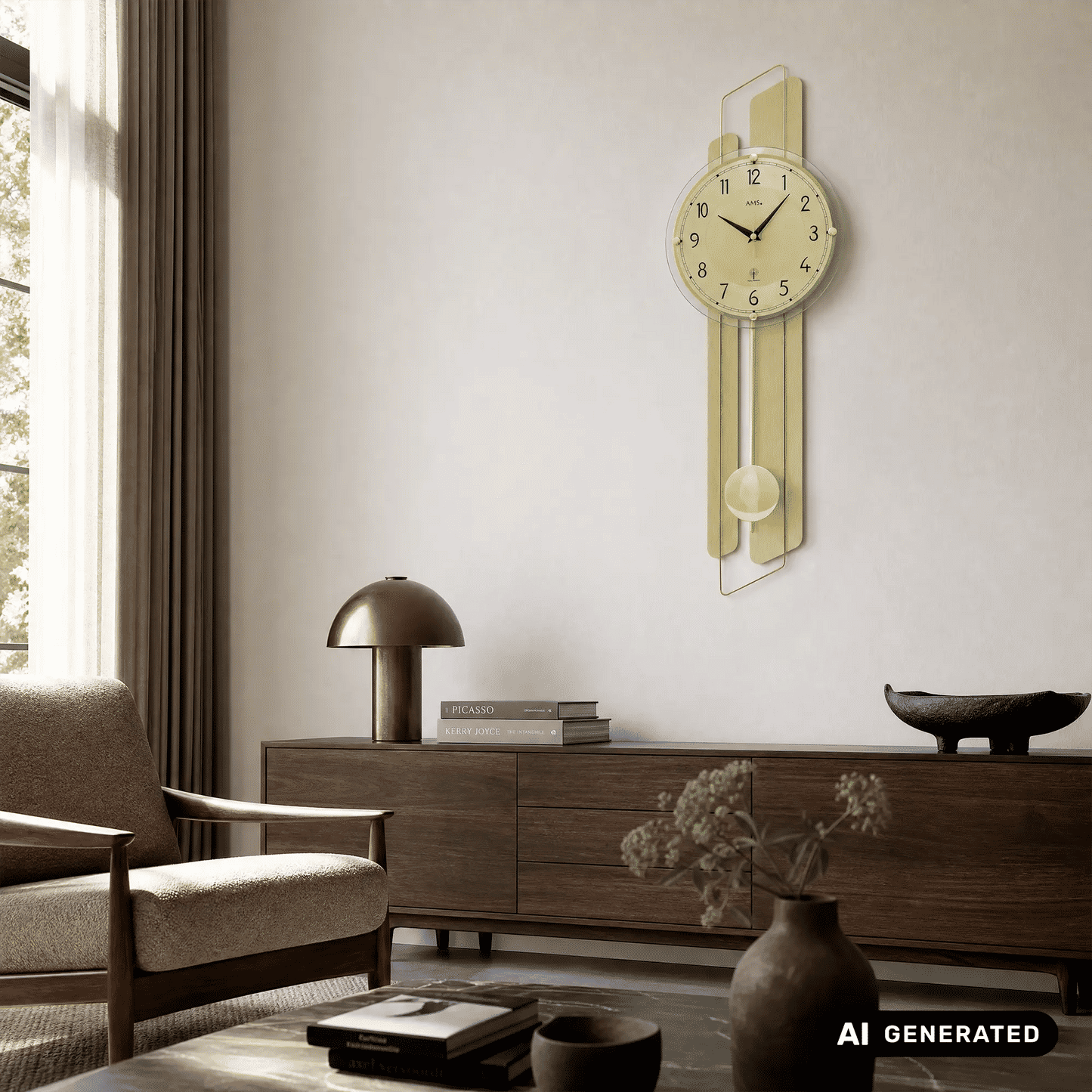 Wanduhr AMS im Wohnraum: goldfarbene Messingauflage, rundes Glas-Ziffernblatt mit Zeigern