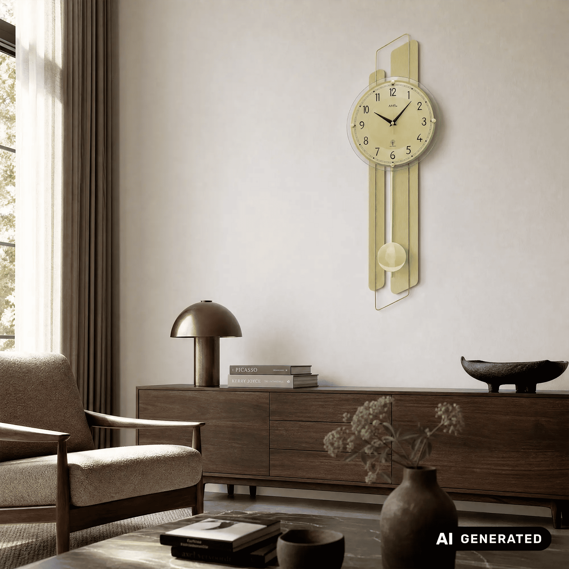 Wanduhr AMS im Wohnraum: goldfarbene Messingauflage, rundes Glas-Ziffernblatt mit Zeigern