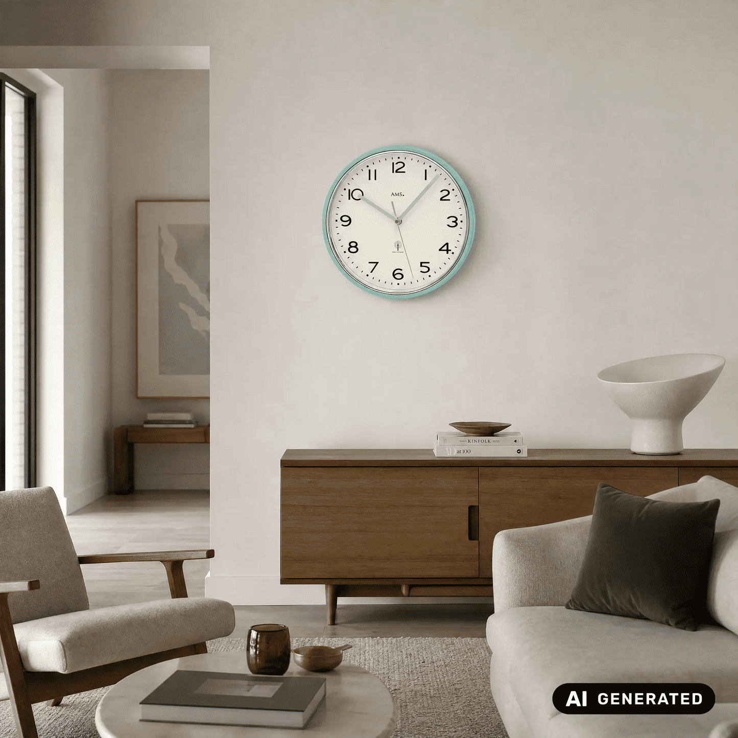 Wanduhr an der Wand mit türkisfarbenem Rahmen, weißem Zifferblatt und schwarzen Zahlen